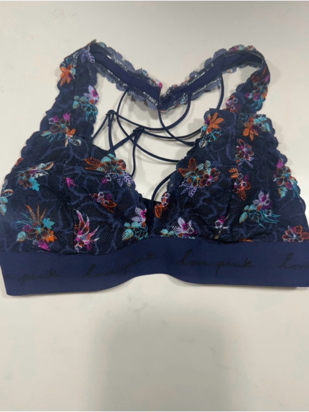 PINK Victoria's Secret Navy Floral Lace Bralette with Strappy Back